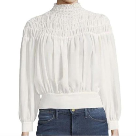 FRAME Sheer Chiffon Smocked Long Puff Sleeve Mock Neck Tie Back Waist Top - Picture 1 of 3